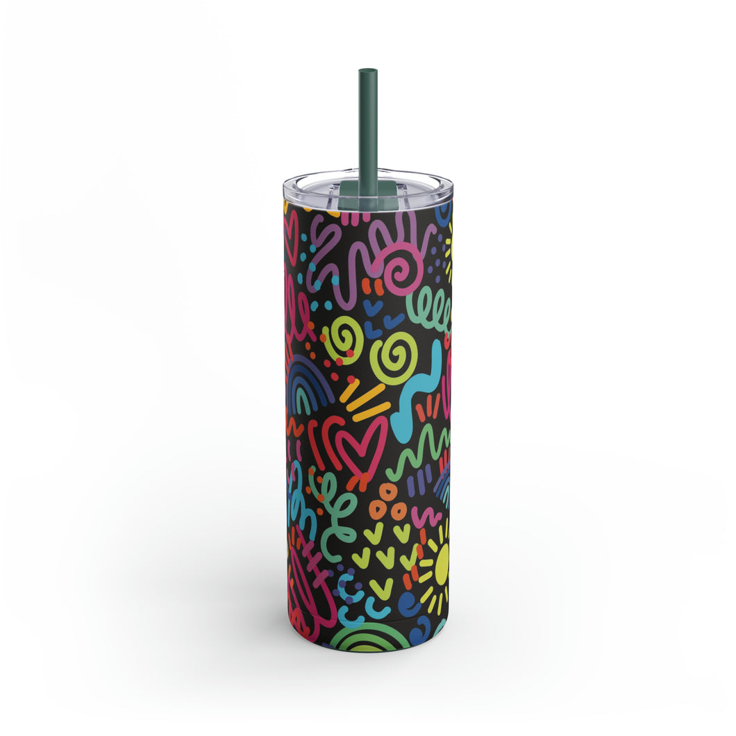 Black Bright Doodles Skinny Matte Tumbler, 20oz