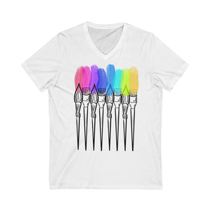 V-Neck Paint Brushes: Unisex Jersey Short Sleeve V-Neck Tee