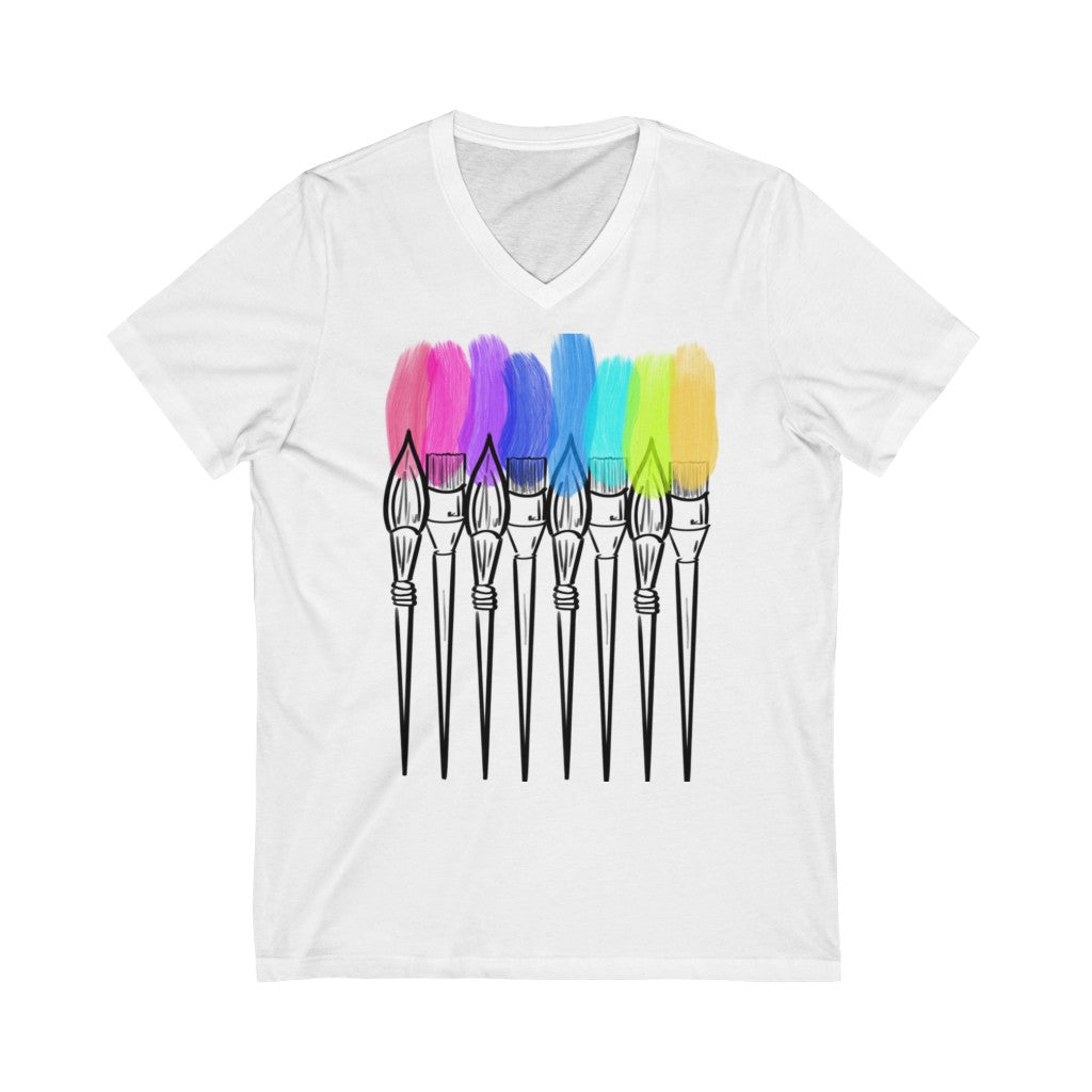V-Neck Paint Brushes: Unisex Jersey Short Sleeve V-Neck Tee